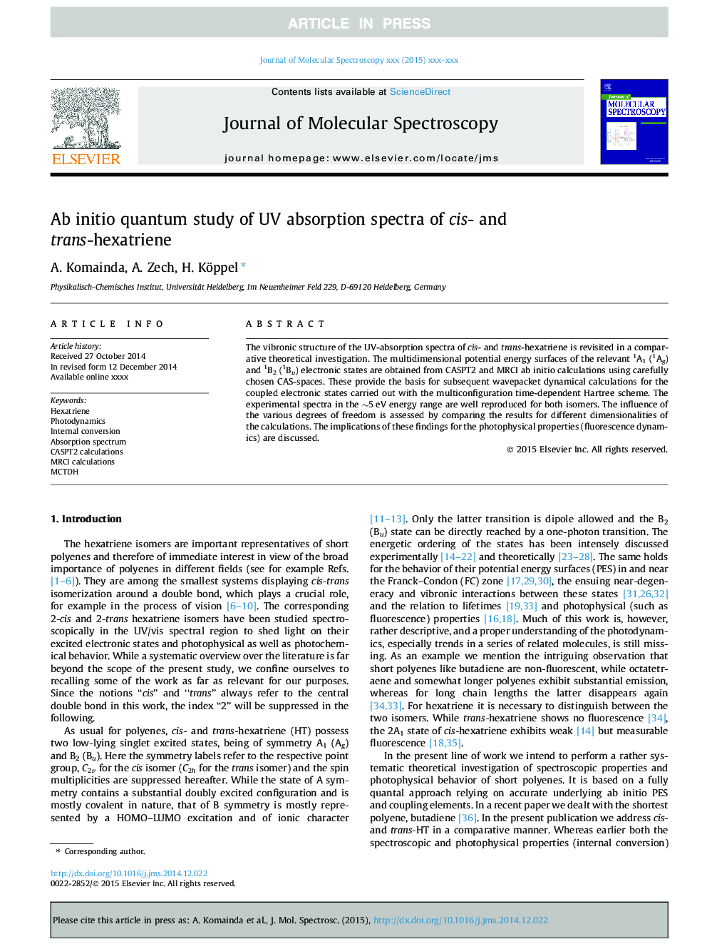 Ab initio quantum study of UV absorption spectra of cis- and trans-hexatriene