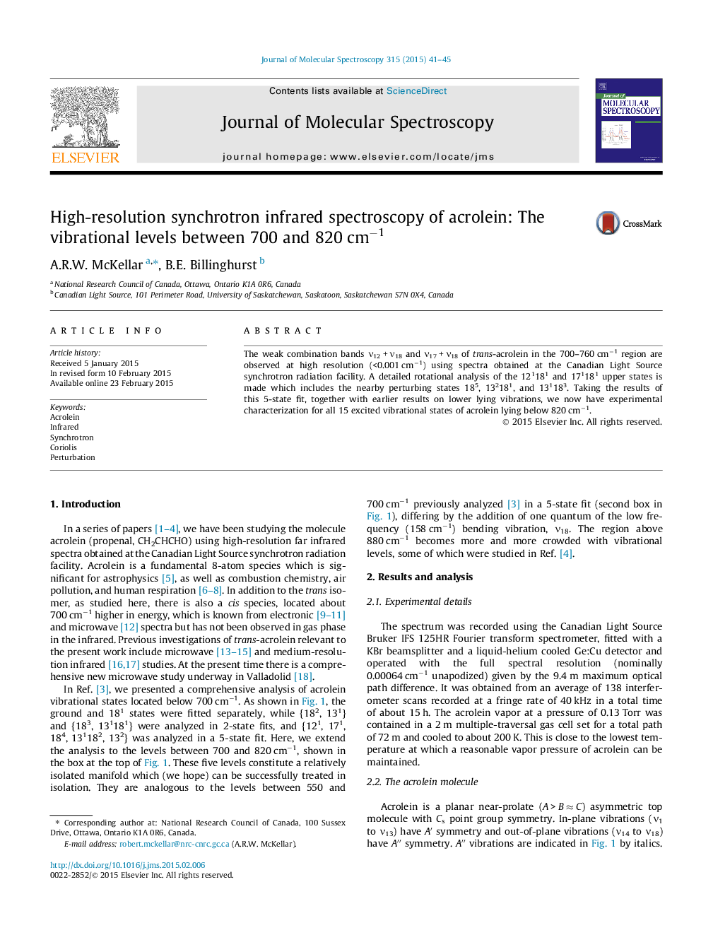 عکس صفحه اول مقاله: High-resolution synchrotron infrared spectroscopy of acrolein: The vibrational levels between 700 and 820Â cmâ1 High-resolution synchrotron infrared spectroscopy of acrolein: The vibrational levels between 700 and 820Â cmâ1