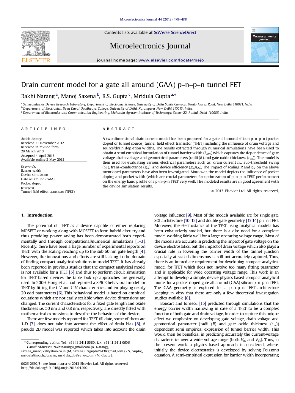 Drain current model for a gate all around (GAA) p–n–p–n tunnel FET