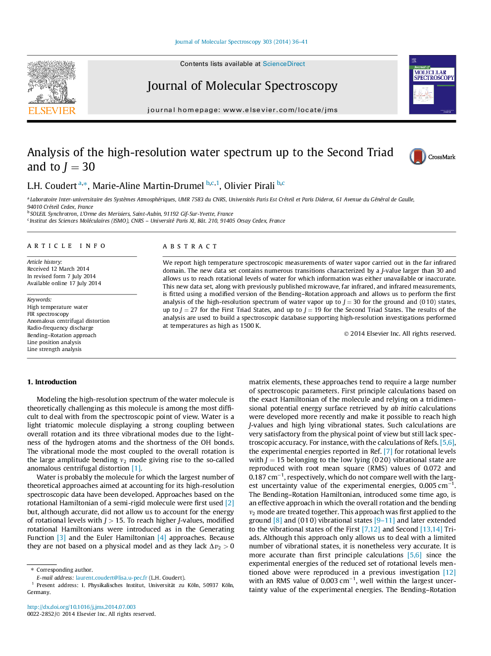 Analysis of the high-resolution water spectrum up to the Second Triad and to J=30