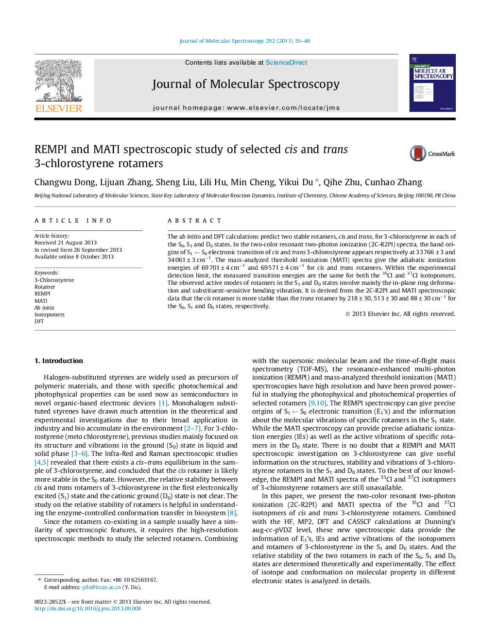 REMPI and MATI spectroscopic study of selected cis and trans 3-chlorostyrene rotamers