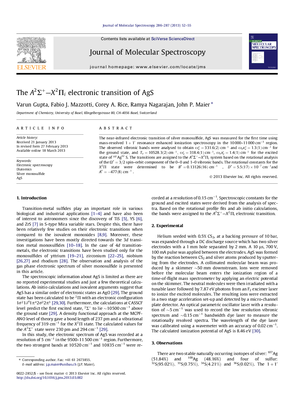 The A2Î£+-X2Î i electronic transition of AgS