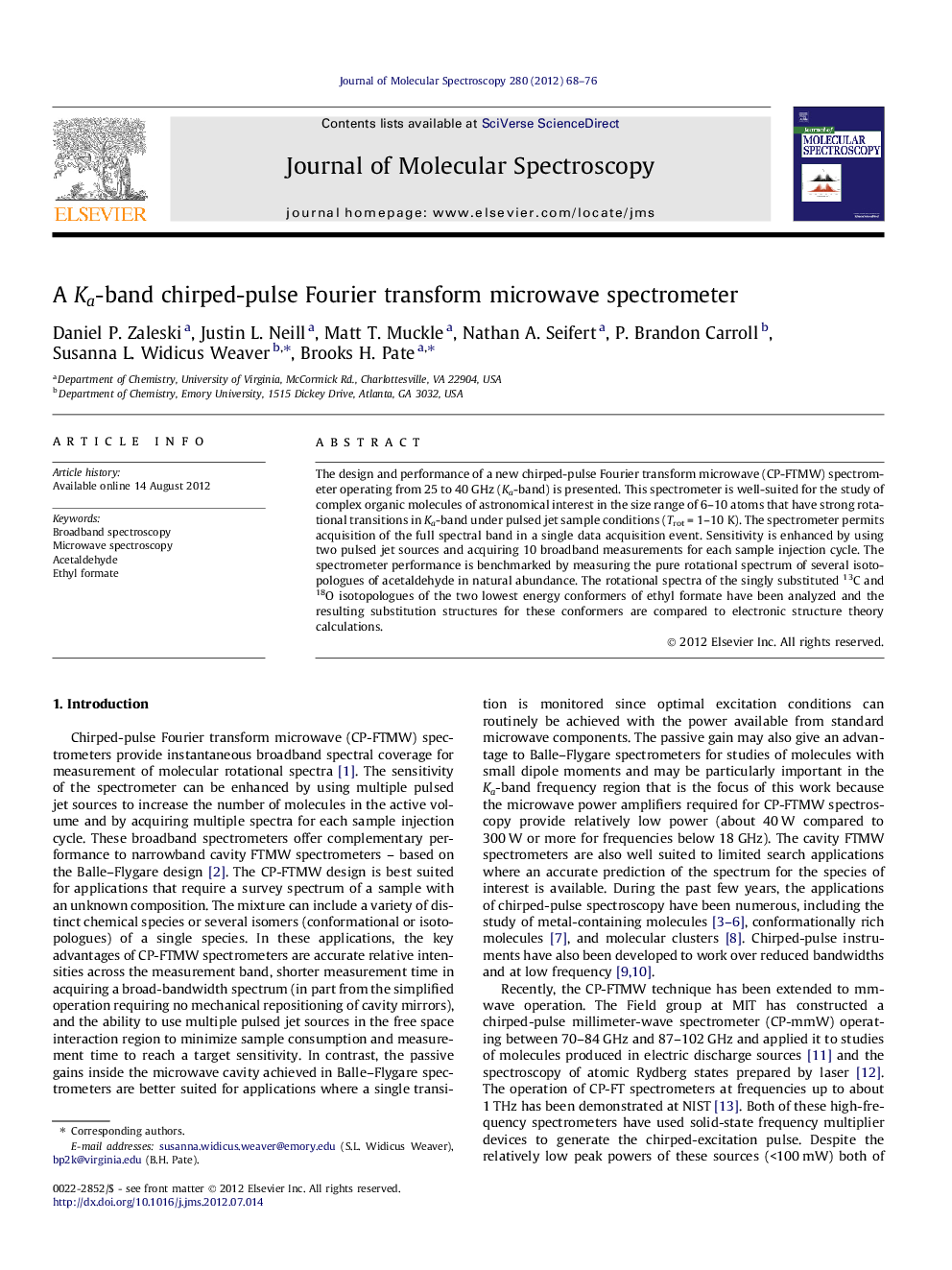 A Ka-band chirped-pulse Fourier transform microwave spectrometer