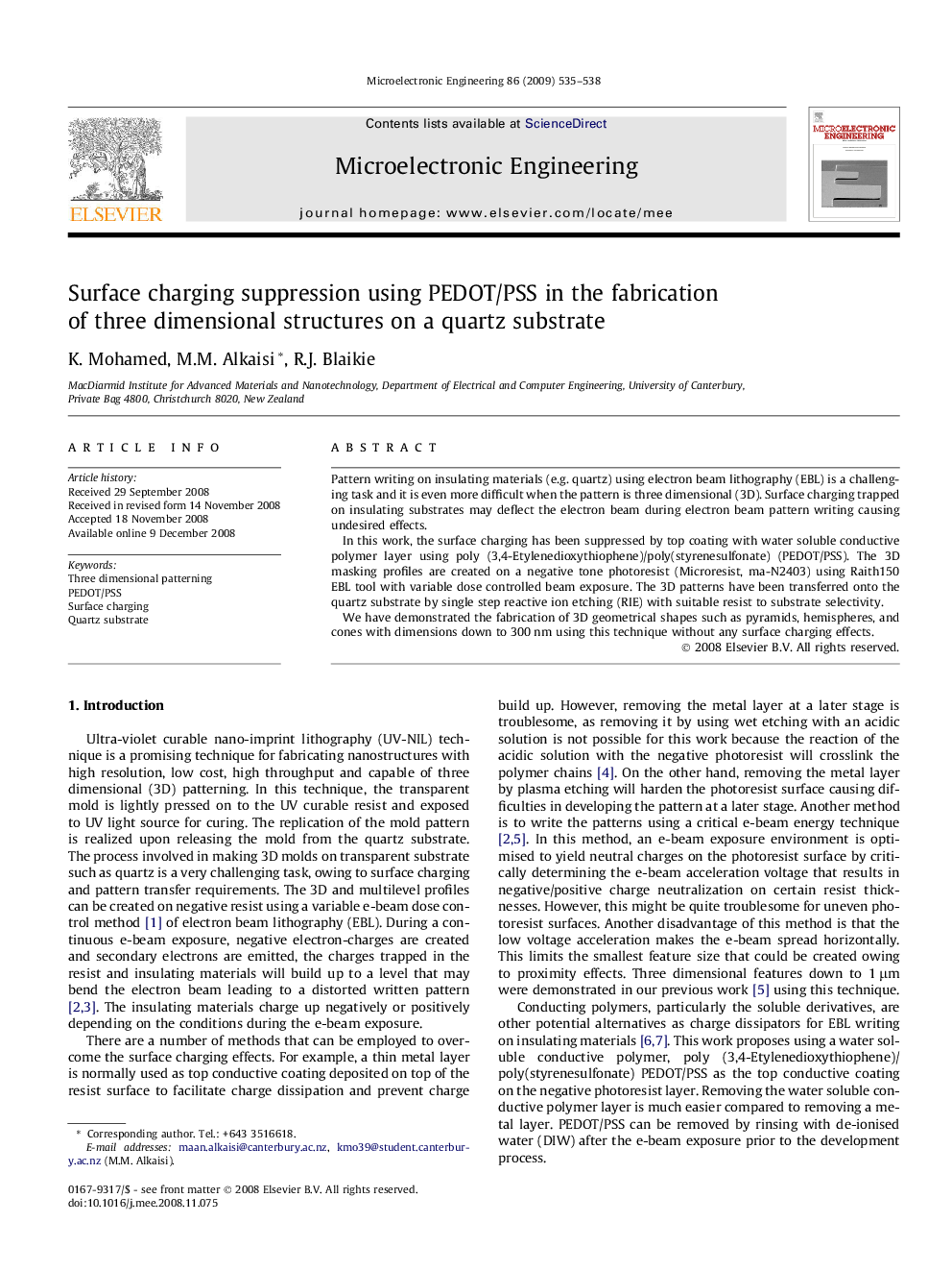 Surface charging suppression using PEDOT/PSS in the fabrication of three dimensional structures on a quartz substrate