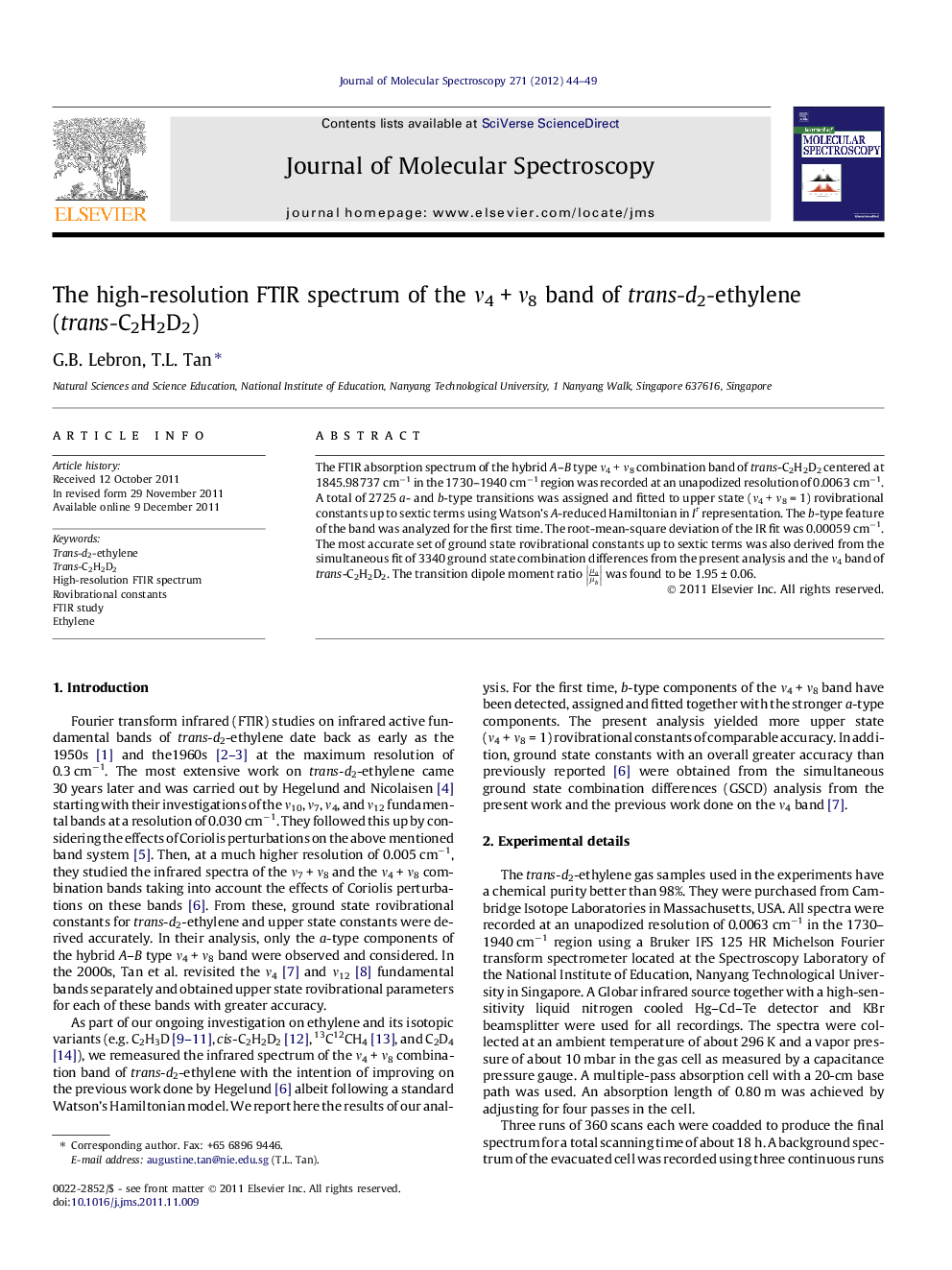 The high-resolution FTIR spectrum of the Î½4Â +Â Î½8 band of trans-d2-ethylene (trans-C2H2D2)