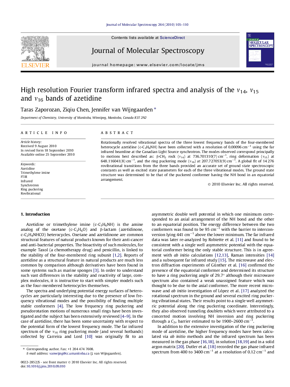 High resolution Fourier transform infrared spectra and analysis of the Î½14, Î½15 and Î½16 bands of azetidine