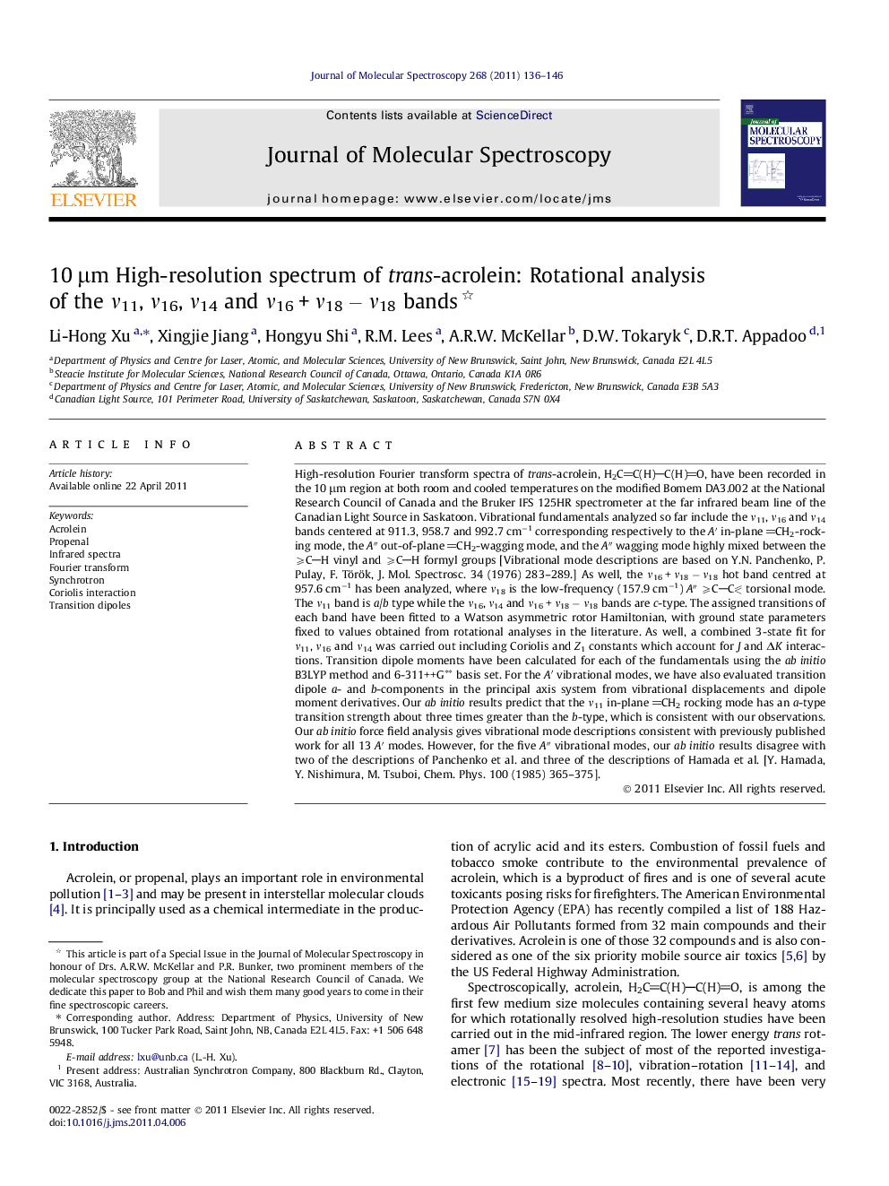 10Â Î¼m High-resolution spectrum of trans-acrolein: Rotational analysis of the Î½11, Î½16, Î½14 and Î½16Â +Â Î½18Â âÂ Î½18 bands