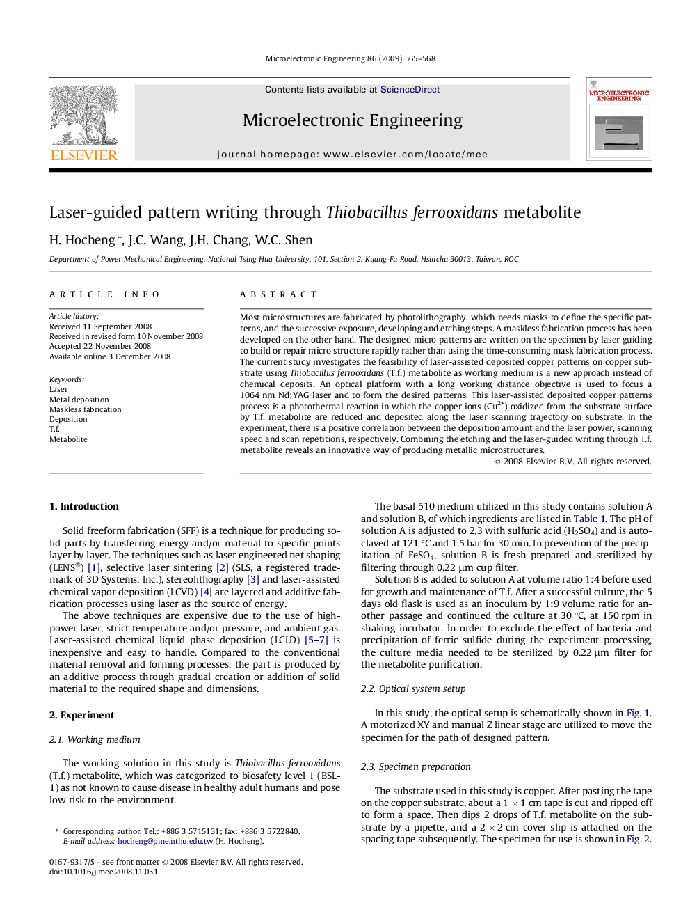 Laser-guided pattern writing through Thiobacillus ferrooxidans metabolite