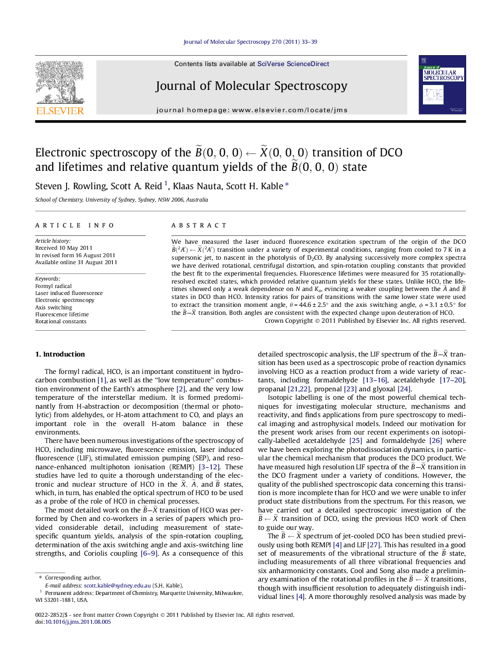 Electronic spectroscopy of the Bâ¼(0,0,0)âXâ¼(0,0,0) transition of DCO and lifetimes and relative quantum yields of the Bâ¼(0,0,0) state