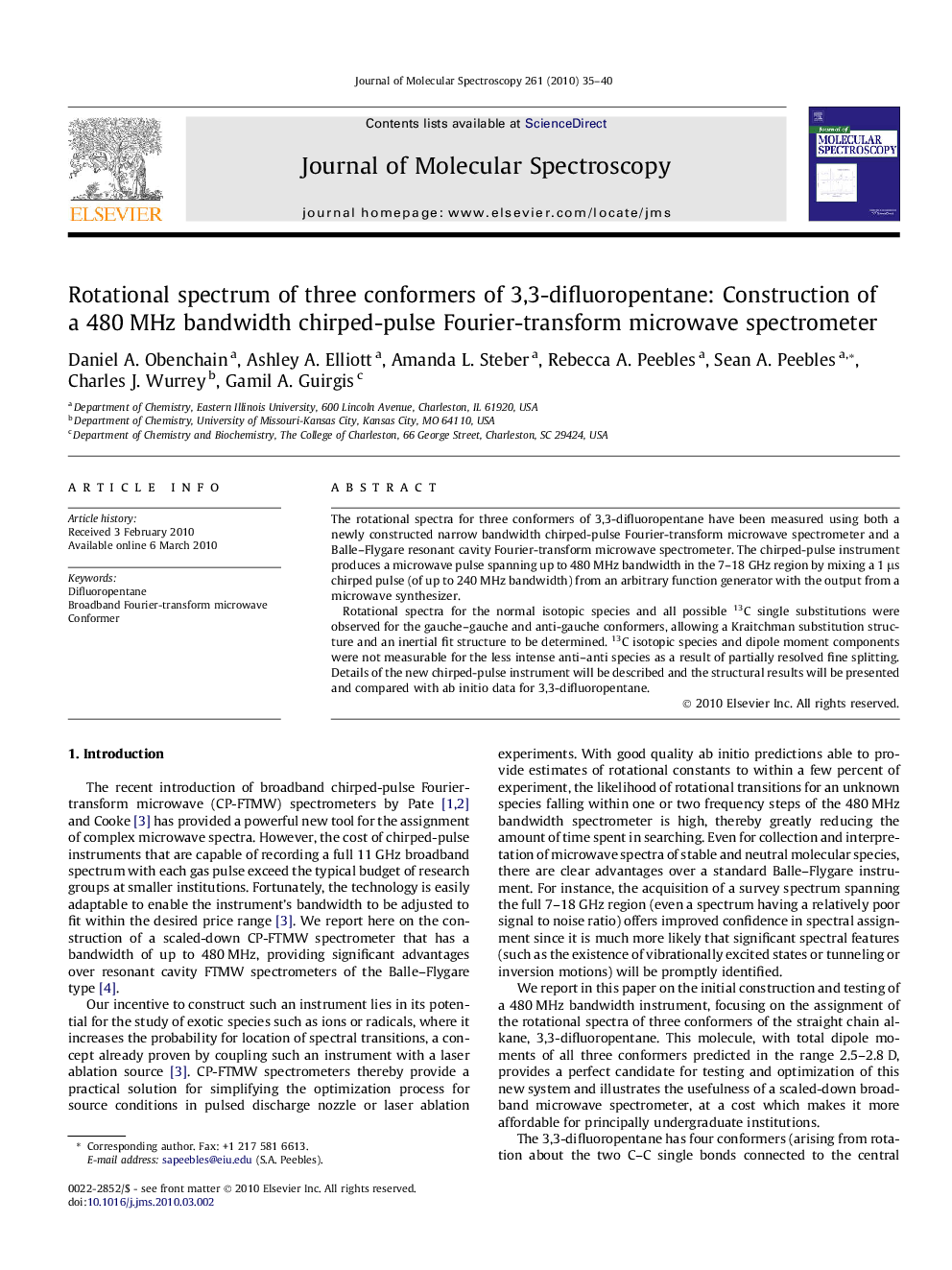 Rotational spectrum of three conformers of 3,3-difluoropentane: Construction of a 480Â MHz bandwidth chirped-pulse Fourier-transform microwave spectrometer