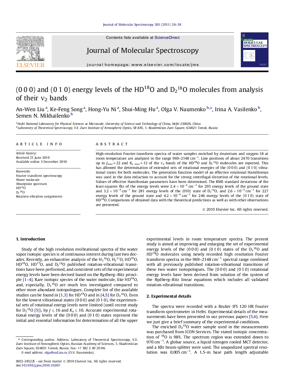 (0Â 0Â 0) and (0Â 1Â 0) energy levels of the HD18O and D218O molecules from analysis of their Î½2 bands