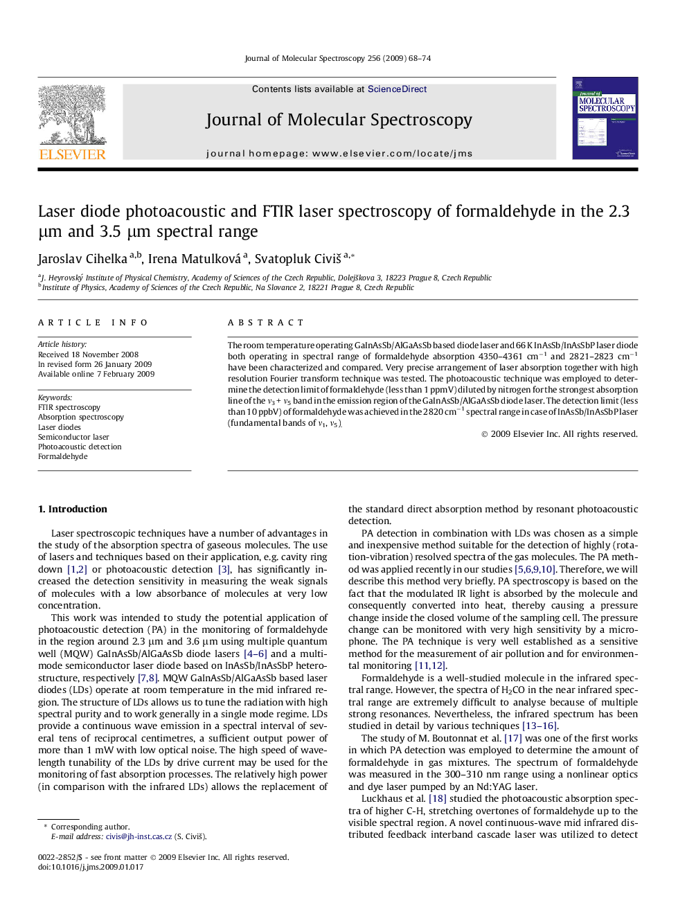 Laser diode photoacoustic and FTIR laser spectroscopy of formaldehyde in the 2.3 Î¼m and 3.5 Î¼m spectral range