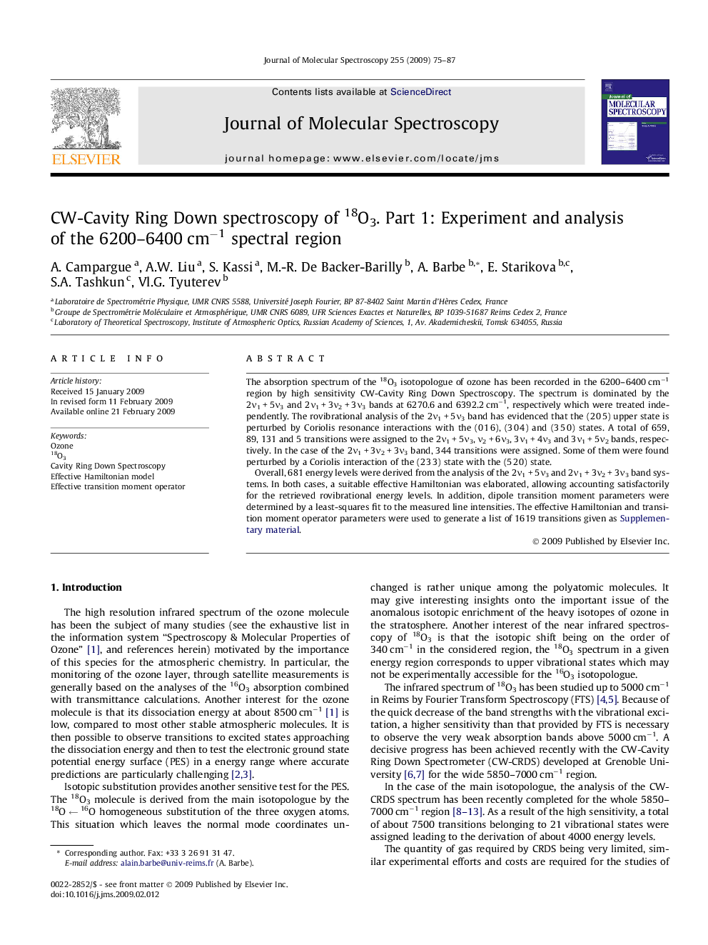 CW-Cavity Ring Down spectroscopy of 18O3. Part 1: Experiment and analysis of the 6200-6400Â cmâ1 spectral region