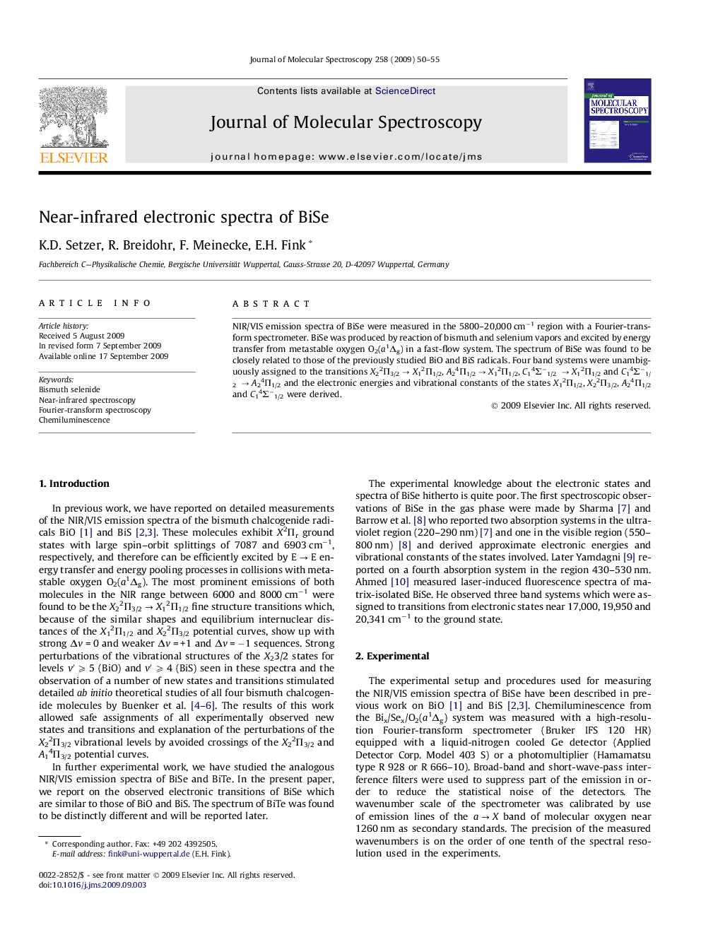 Near-infrared electronic spectra of BiSe