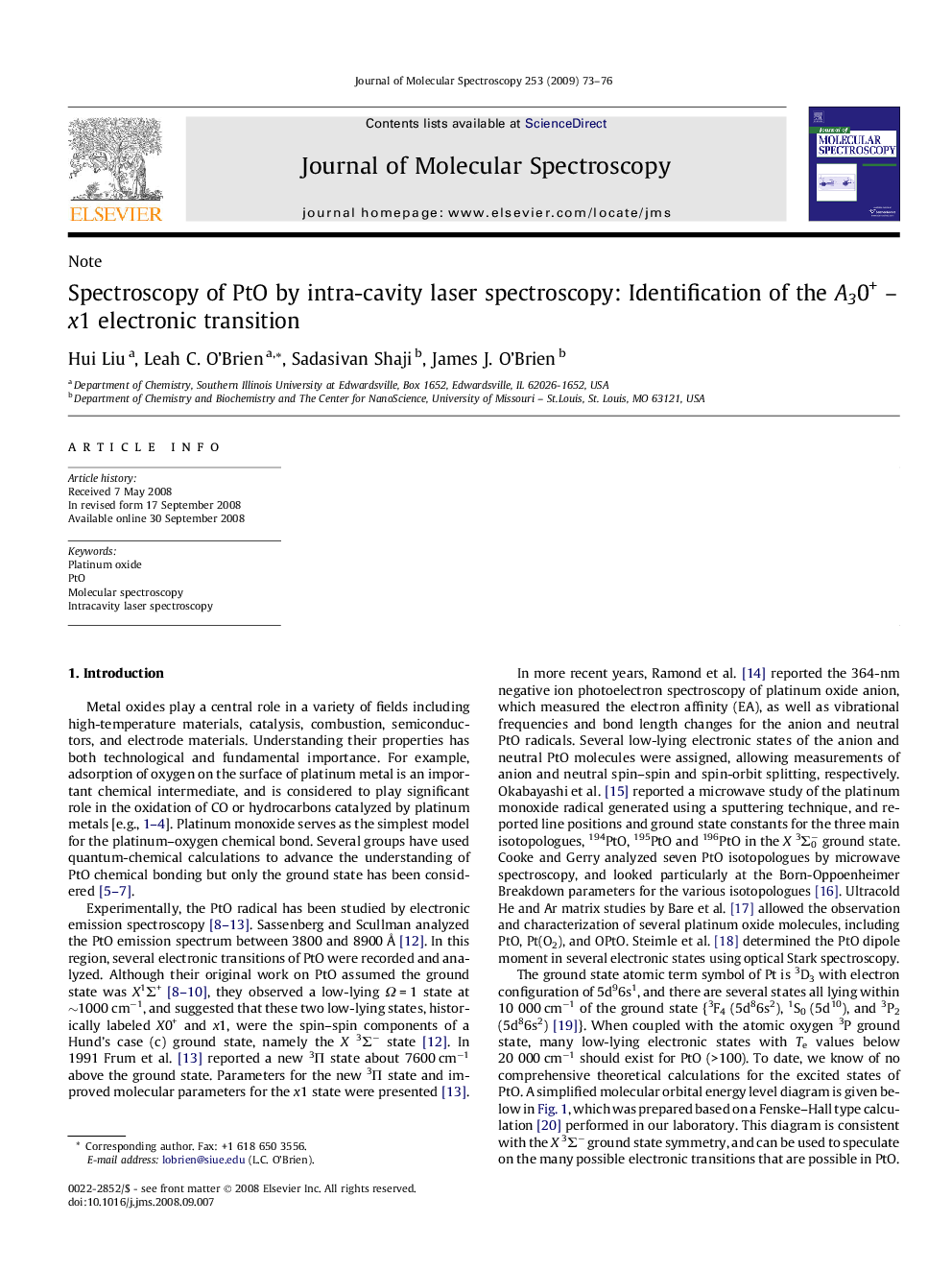 Spectroscopy of PtO by intra-cavity laser spectroscopy: Identification of the A30+ - x1 electronic transition