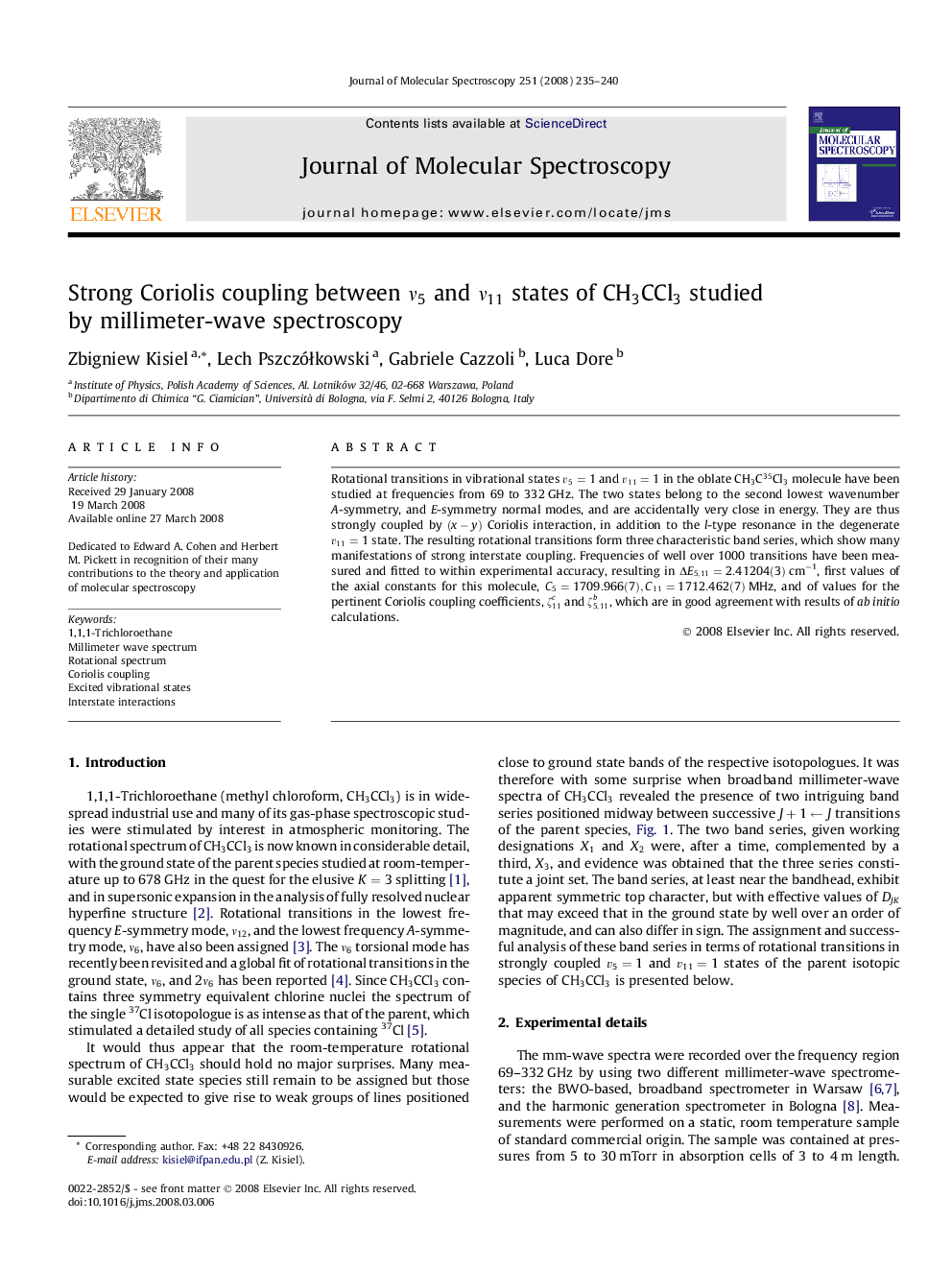 Strong Coriolis coupling between Î½5 and Î½11 states of CH3CCl3 studied by millimeter-wave spectroscopy