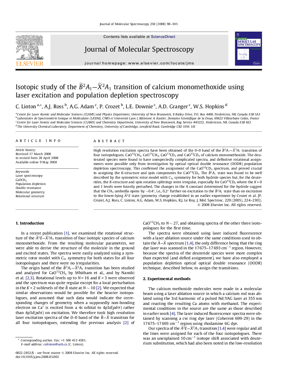 Isotopic study of the Bâ¼2A1-Xâ¼2A1 transition of calcium monomethoxide using laser excitation and population depletion spectroscopy