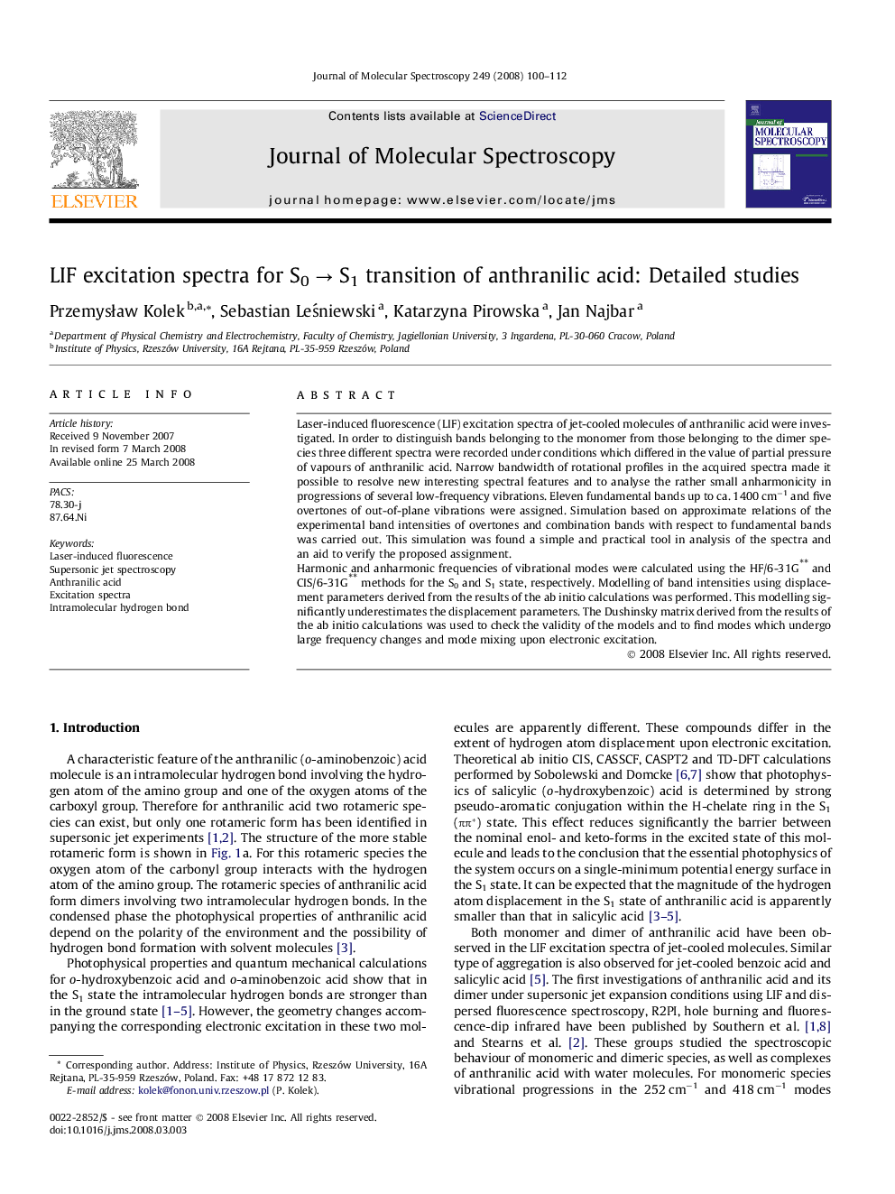 LIF excitation spectra for S0Â âÂ S1 transition of anthranilic acid: Detailed studies