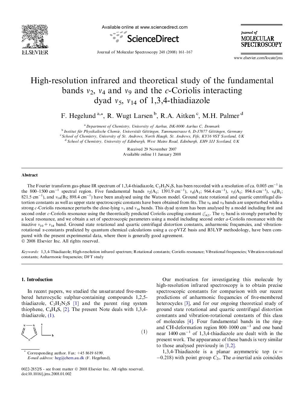High-resolution infrared and theoretical study of the fundamental bands Î½2, Î½4 and Î½9 and the c-Coriolis interacting dyad Î½5, Î½14 of 1,3,4-thiadiazole