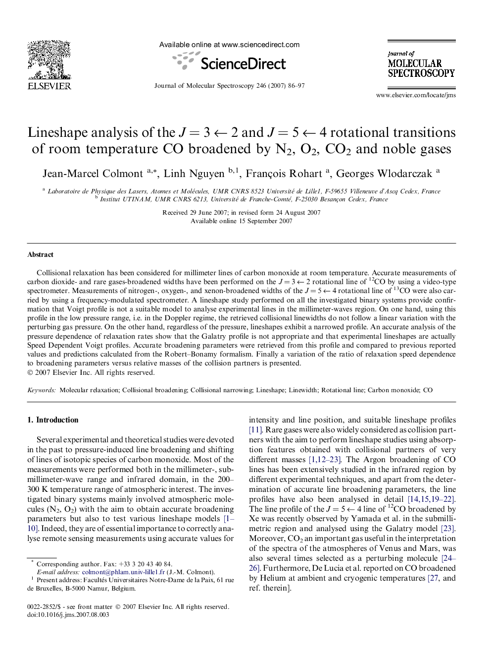 Lineshape analysis of the JÂ =Â 3Â âÂ 2 and JÂ =Â 5Â âÂ 4 rotational transitions of room temperature CO broadened by N2, O2, CO2 and noble gases