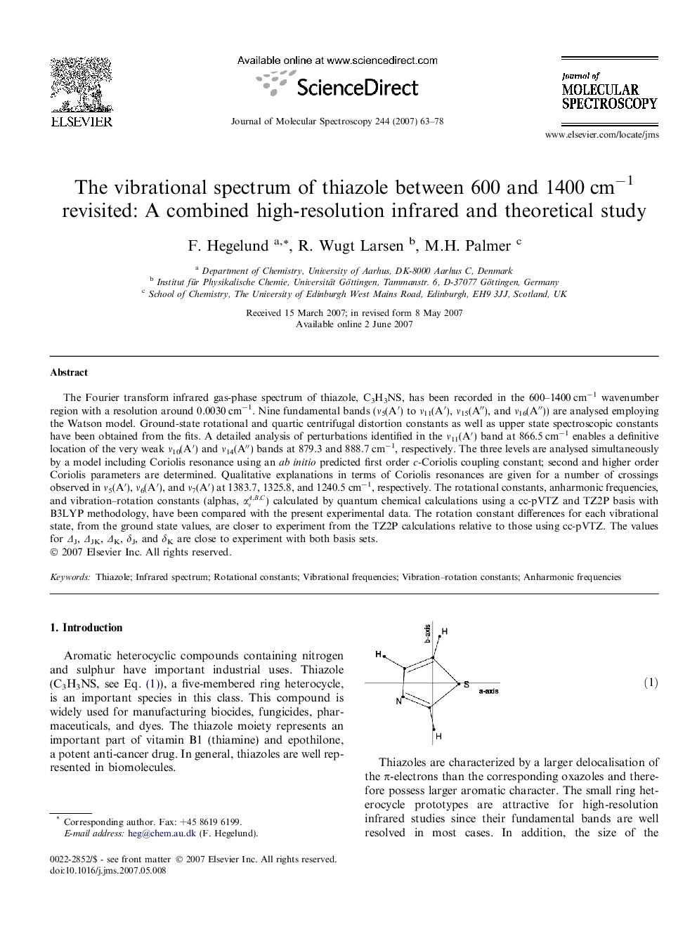 The vibrational spectrum of thiazole between 600 and 1400Â cmâ1 revisited: A combined high-resolution infrared and theoretical study