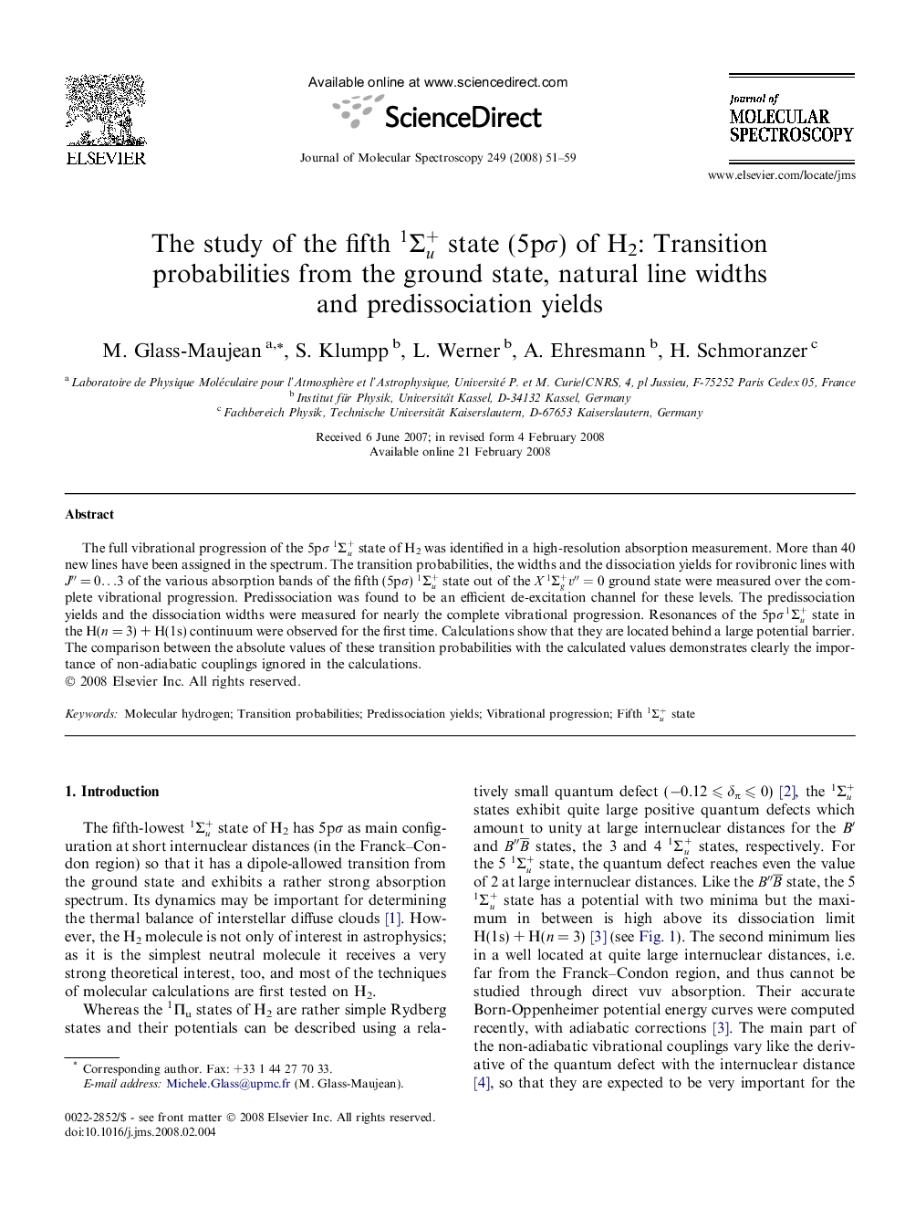 The study of the fifth 1Î£u+ state (5pÏ) of H2: Transition probabilities from the ground state, natural line widths and predissociation yields