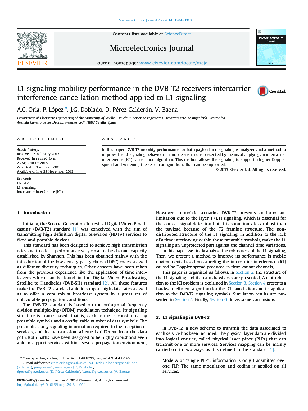 L1 signaling mobility performance in the DVB-T2 receivers intercarrier interference cancellation method applied to L1 signaling