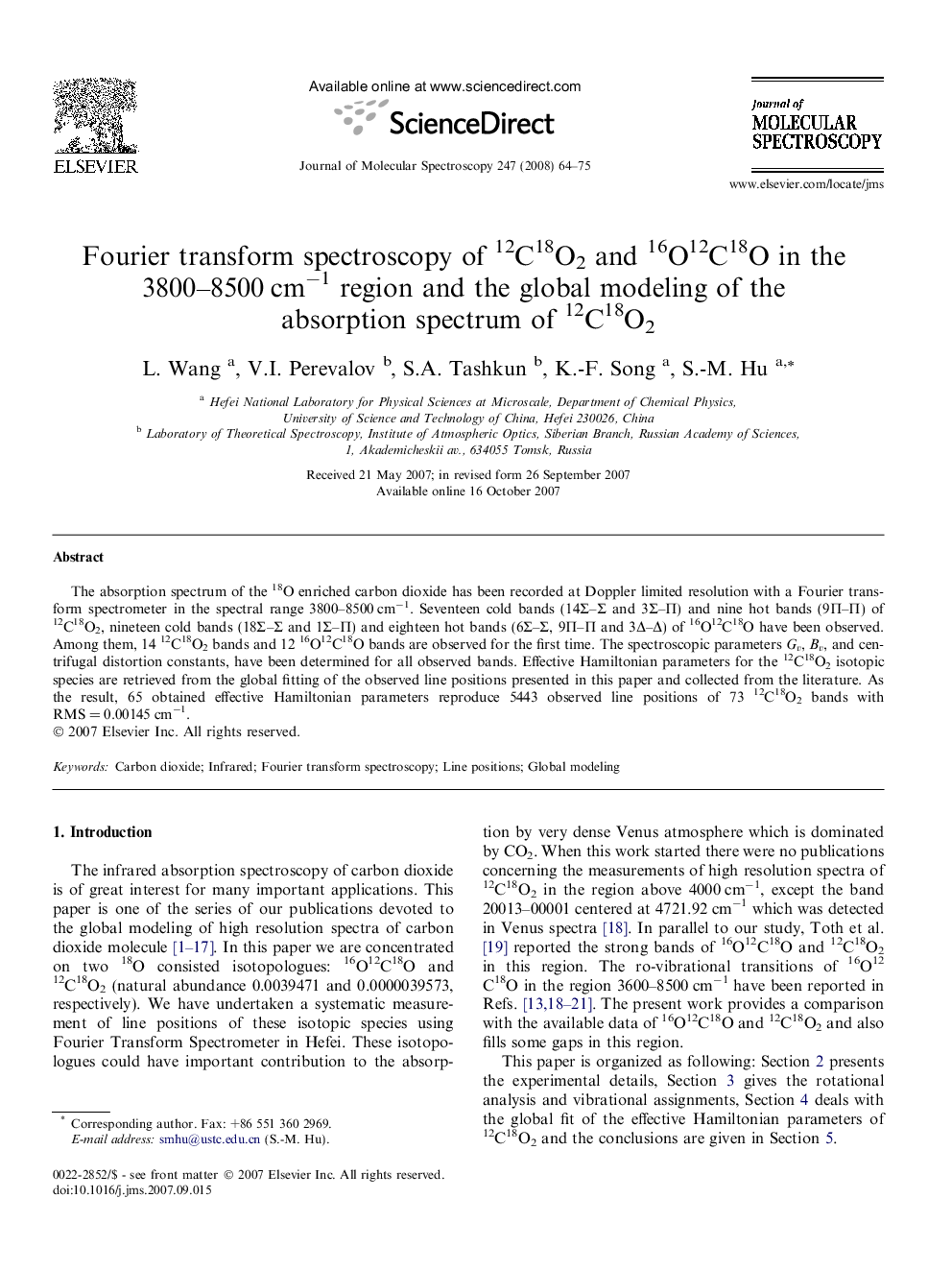 Fourier transform spectroscopy of 12C18O2 and 16O12C18O in the 3800-8500Â cmâ1 region and the global modeling of the absorption spectrum of 12C18O2
