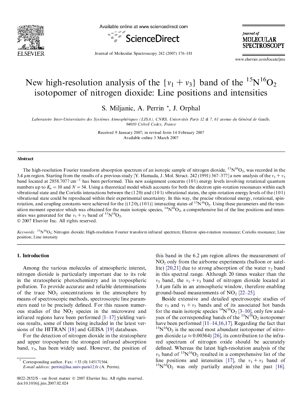 New high-resolution analysis of the {Î½1Â +Â Î½3} band of the 15N16O2 isotopomer of nitrogen dioxide: Line positions and intensities