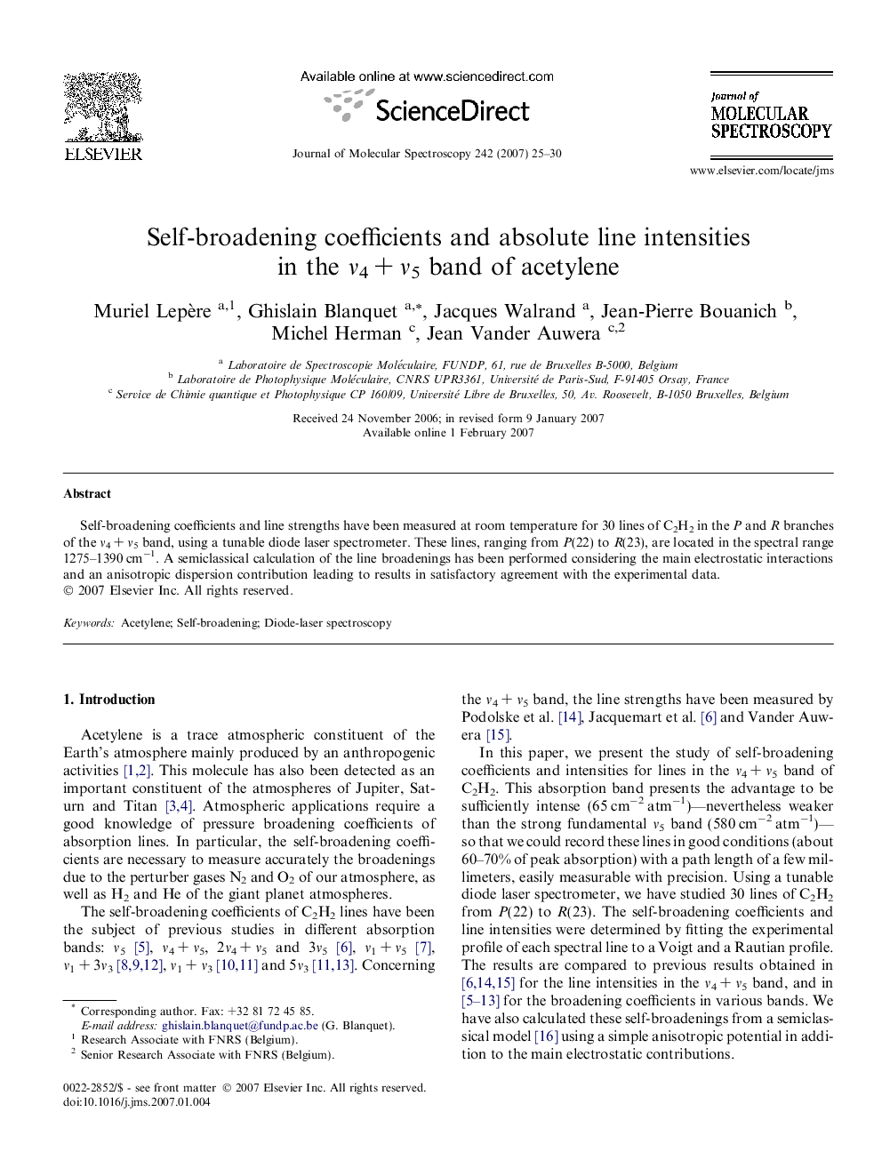 Self-broadening coefficients and absolute line intensities in the Î½4Â +Â Î½5 band of acetylene