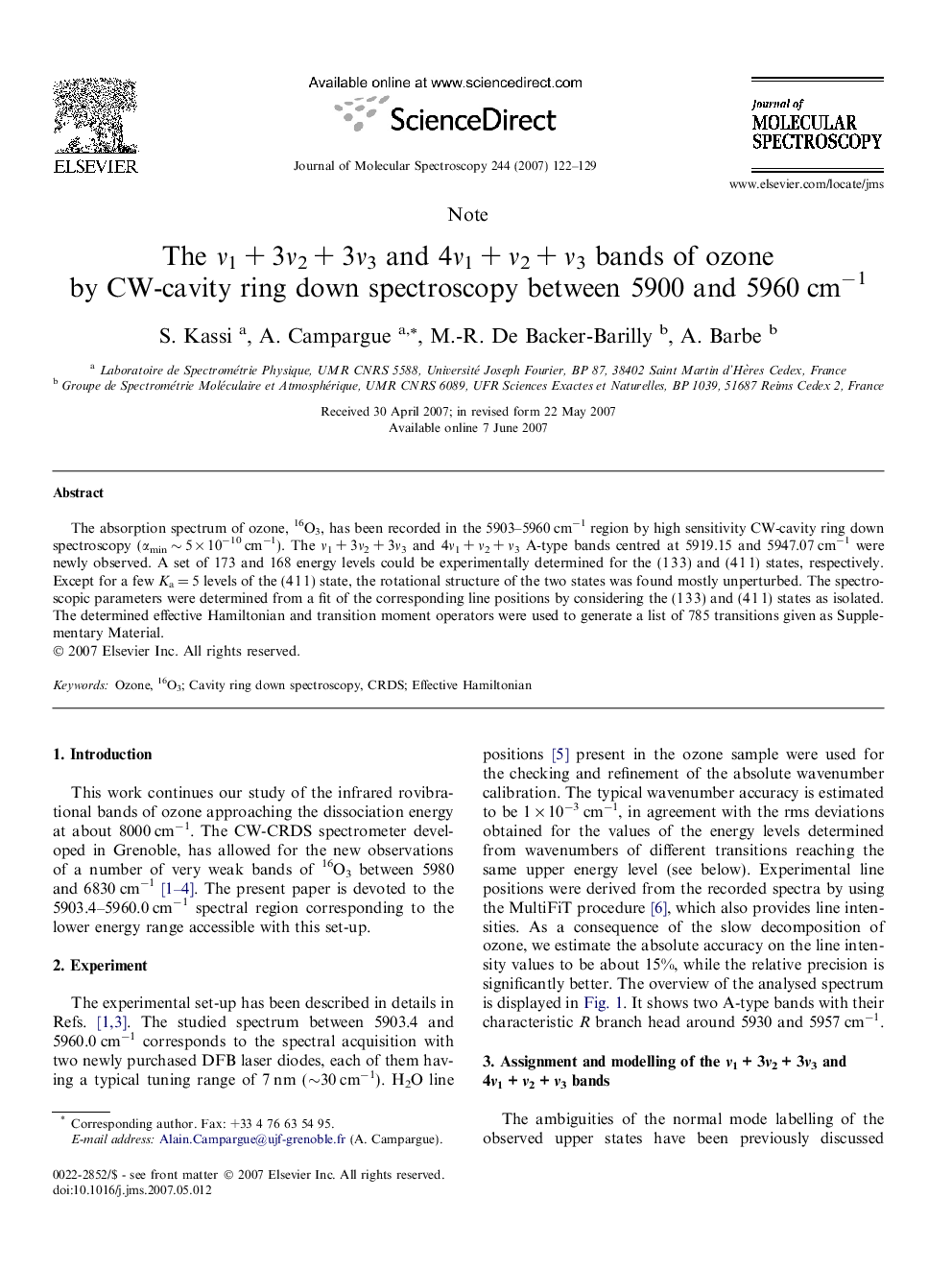 The Î½1Â +Â 3Î½2Â +Â 3Î½3 and 4Î½1Â +Â Î½2Â +Â Î½3 bands of ozone by CW-cavity ring down spectroscopy between 5900 and 5960Â cmâ1