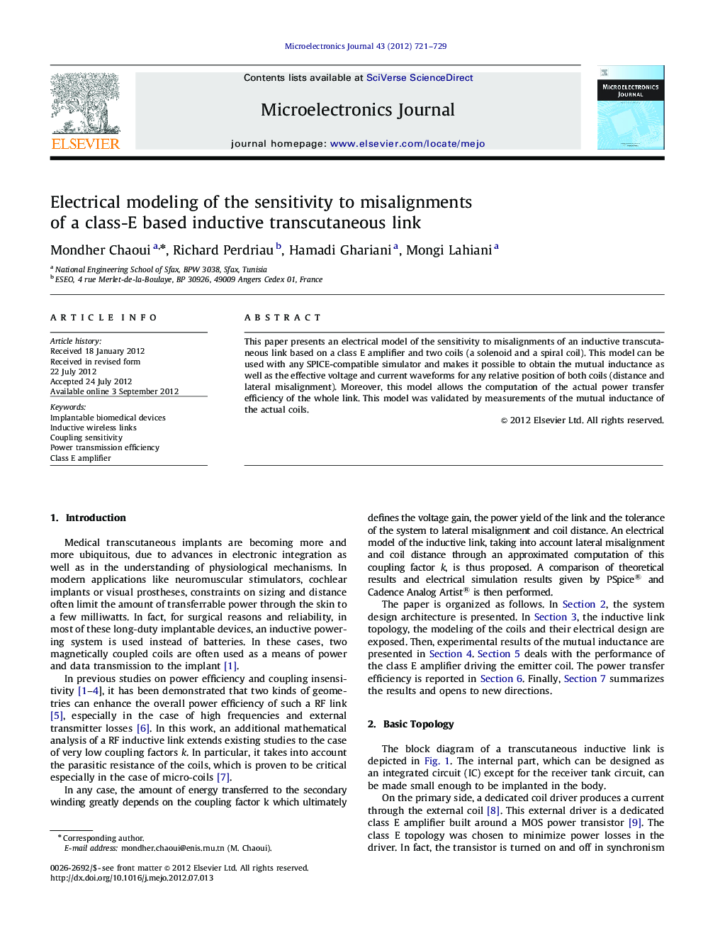 عکس صفحه اول مقاله: Electrical modeling of the sensitivity to misalignments of a class-E based inductive transcutaneous link Electrical modeling of the sensitivity to misalignments of a class-E based inductive transcutaneous link