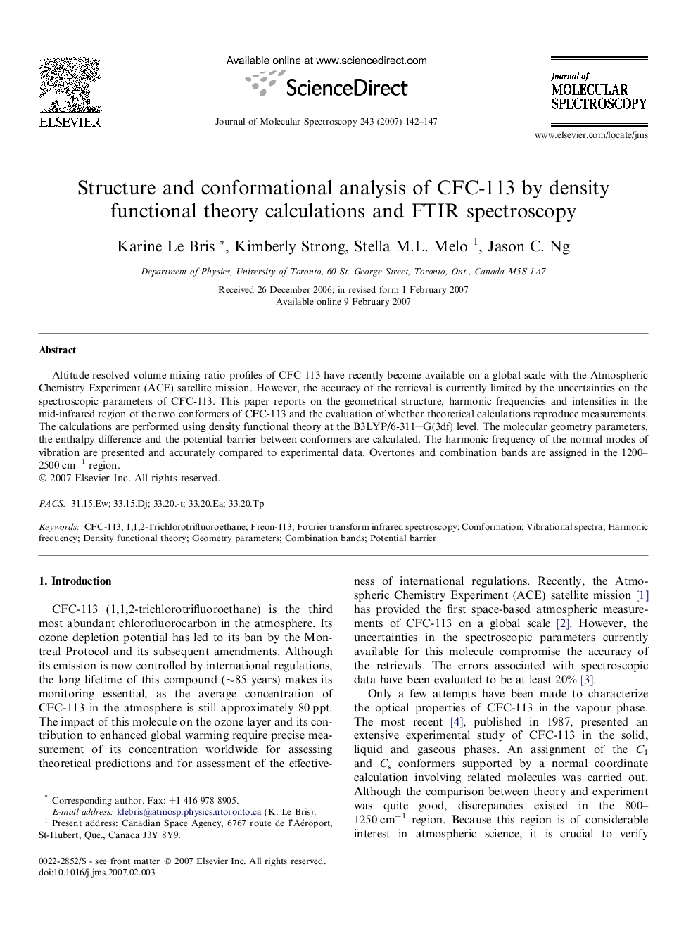 عکس صفحه اول مقاله: Structure and conformational analysis of CFC-113 by density functional theory calculations and FTIR spectroscopy Structure and conformational analysis of CFC-113 by density functional theory calculations and FTIR spectroscopy