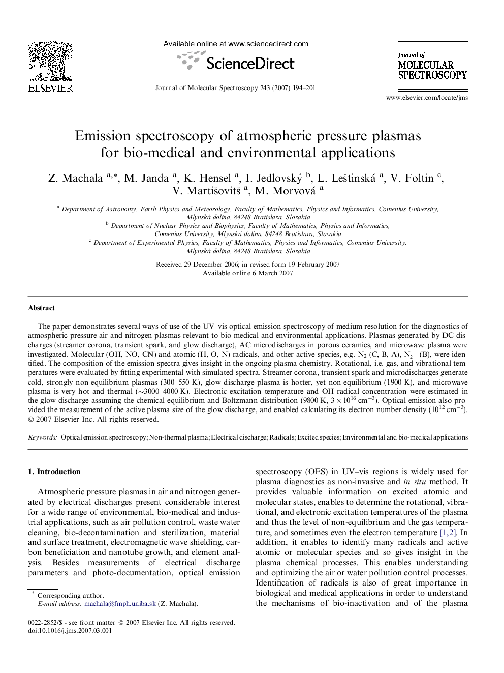 Emission spectroscopy of atmospheric pressure plasmas for bio-medical and environmental applications