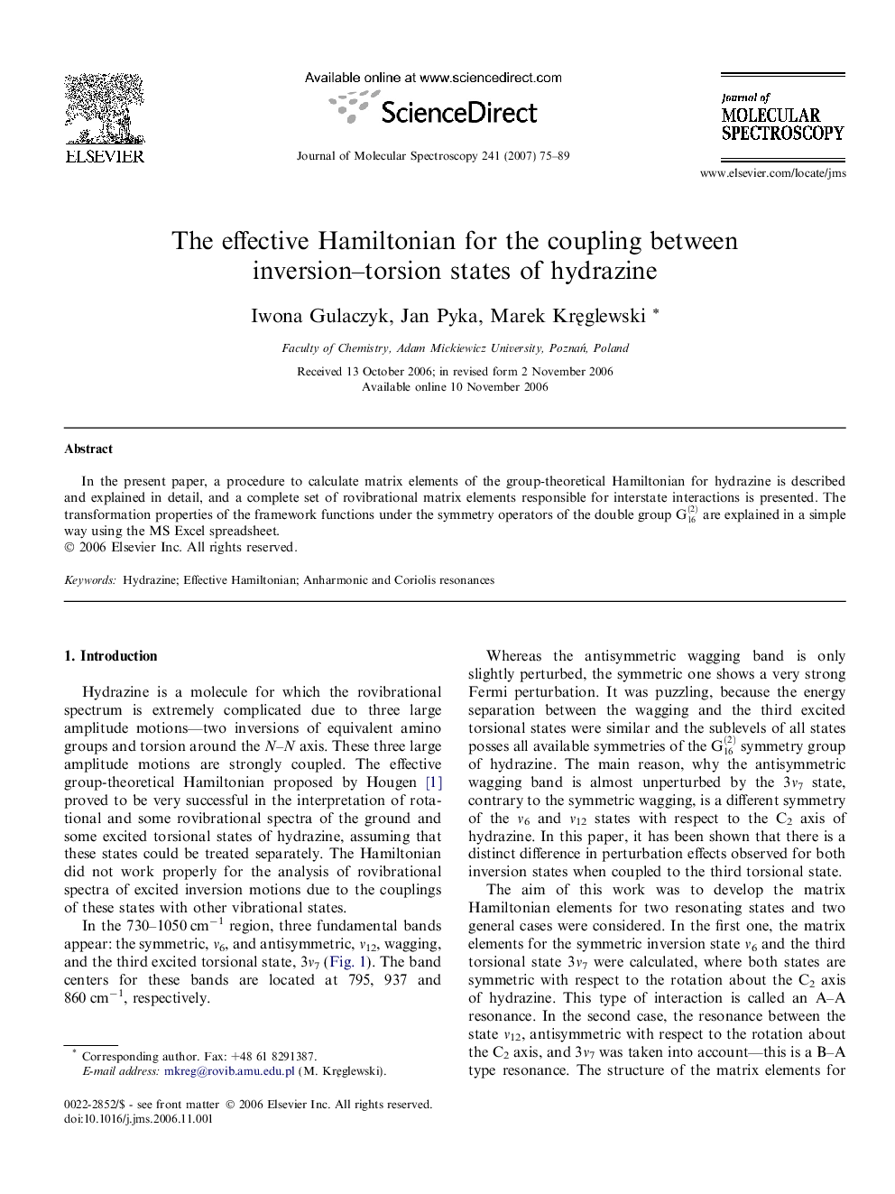 The effective Hamiltonian for the coupling between inversion-torsion states of hydrazine