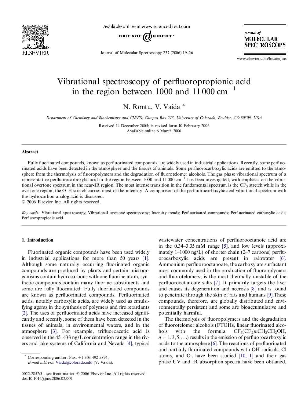 عکس صفحه اول مقاله: Vibrational spectroscopy of perfluoropropionic acid in the region between 1000 and 11Â 000Â cmâ1 Vibrational spectroscopy of perfluoropropionic acid in the region between 1000 and 11Â 000Â cmâ1