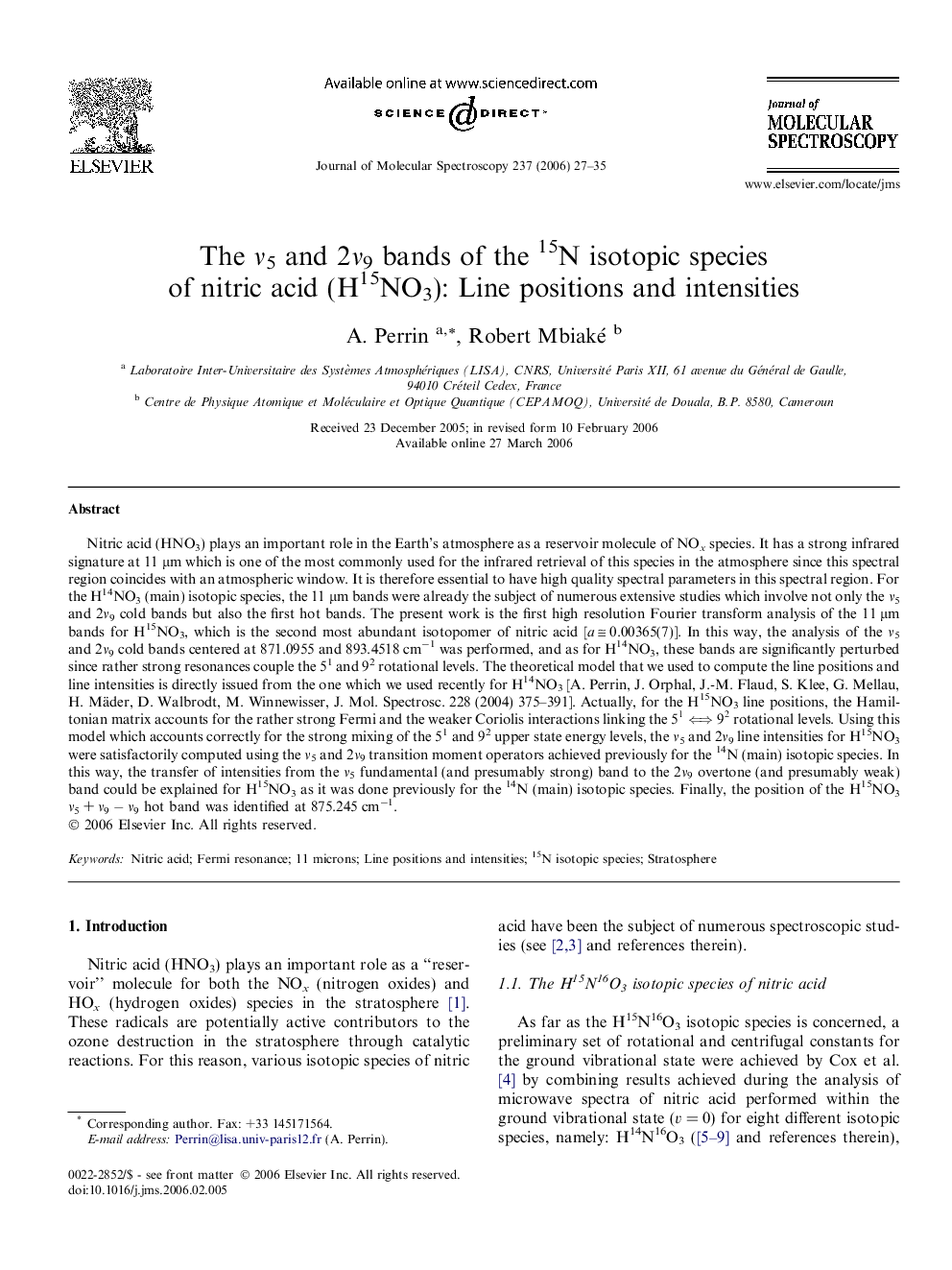 The Î½5 and 2Î½9 bands of the 15N isotopic species of nitric acid (H15NO3): Line positions and intensities