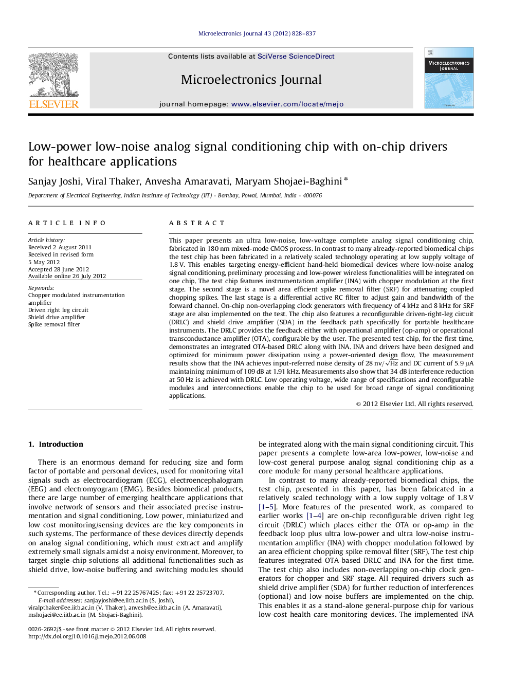 عکس صفحه اول مقاله: Low-power low-noise analog signal conditioning chip with on-chip drivers for healthcare applications Low-power low-noise analog signal conditioning chip with on-chip drivers for healthcare applications