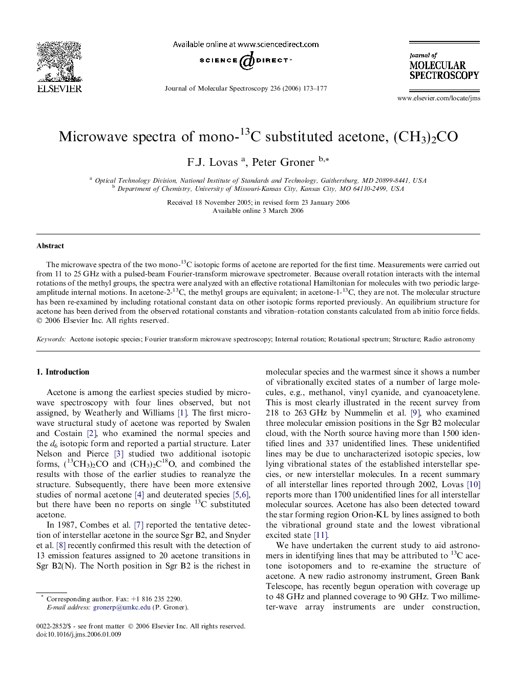 Microwave spectra of mono-13C substituted acetone, (CH3)2CO