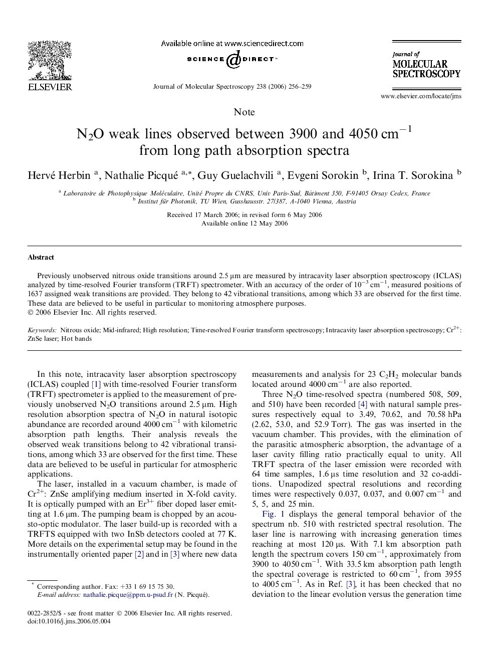 N2O weak lines observed between 3900 and 4050Â cmâ1 from long path absorption spectra