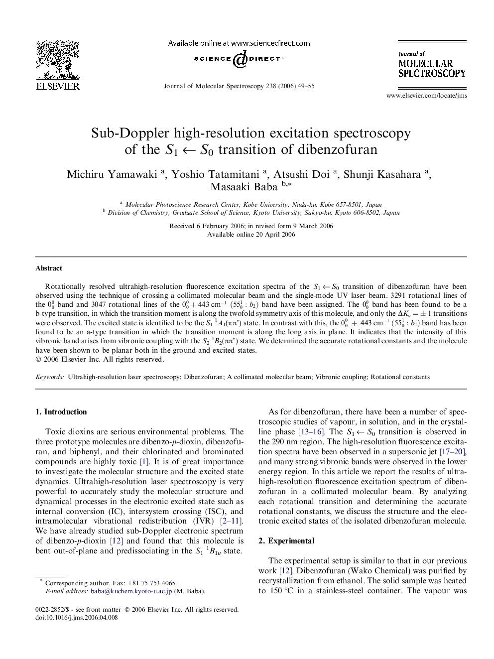 Sub-Doppler high-resolution excitation spectroscopy of the S1Â âÂ S0 transition of dibenzofuran