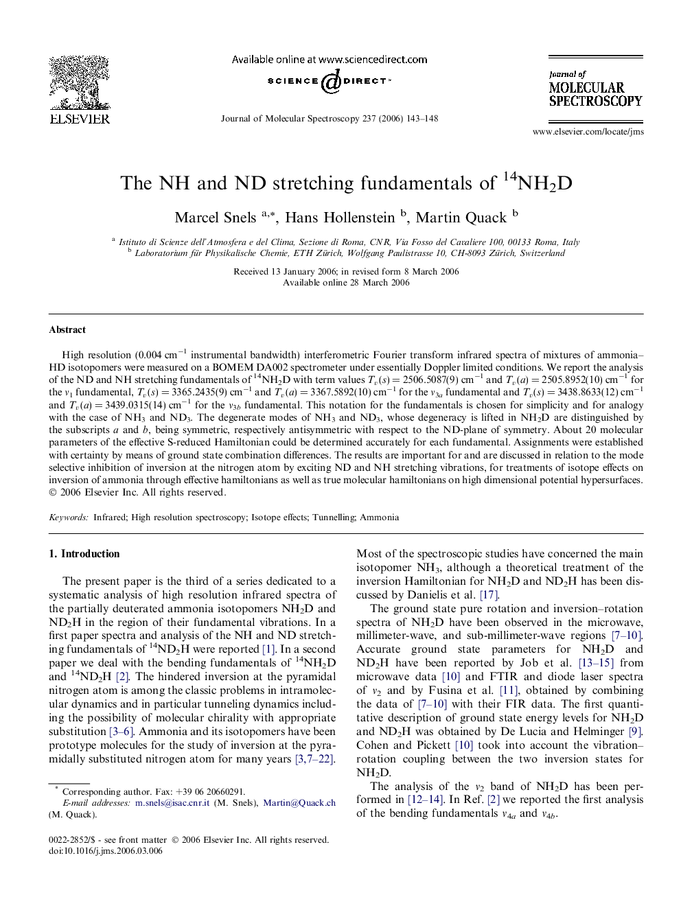 The NH and ND stretching fundamentals of 14NH2D