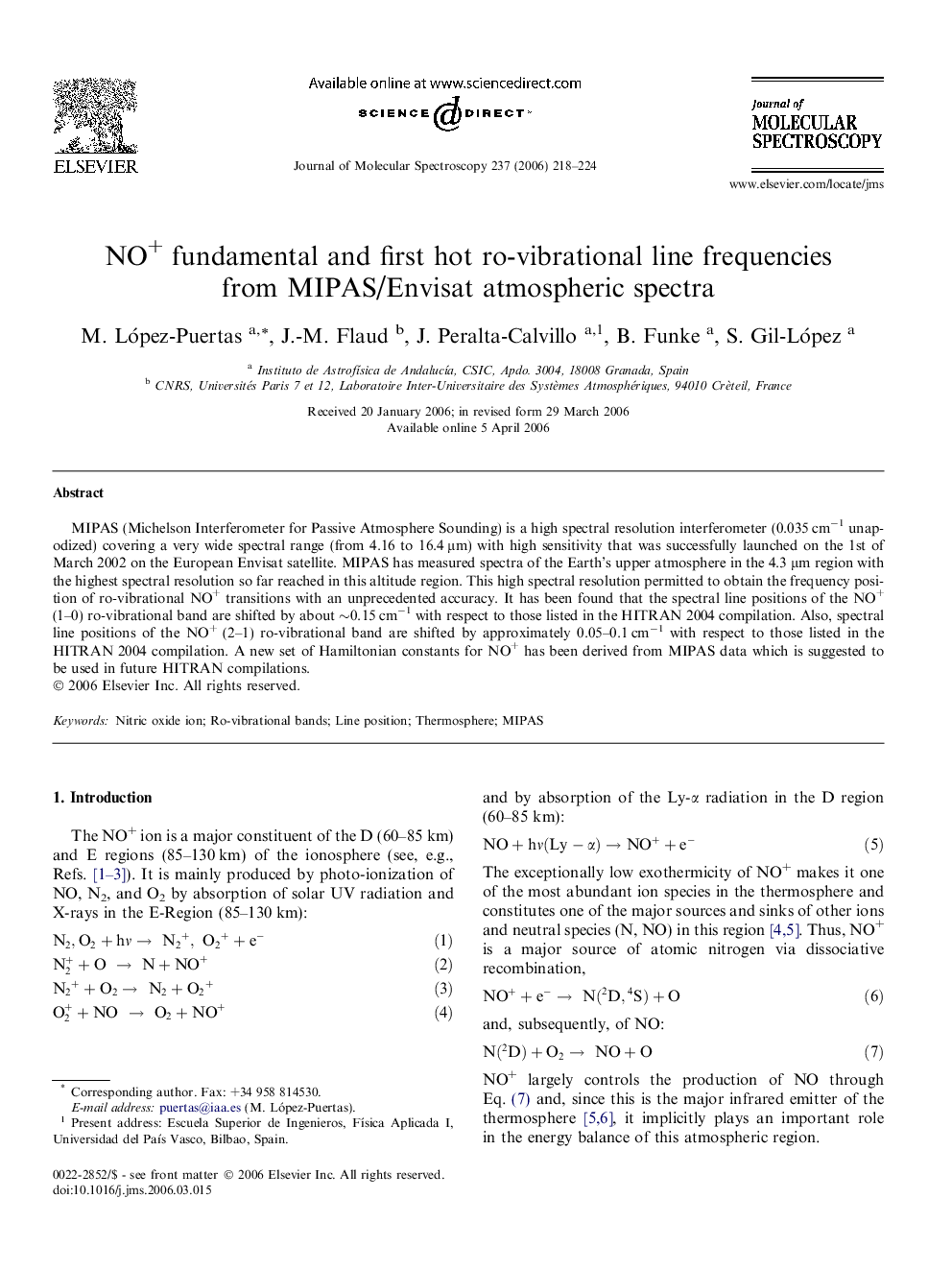 NO+ fundamental and first hot ro-vibrational line frequencies from MIPAS/Envisat atmospheric spectra