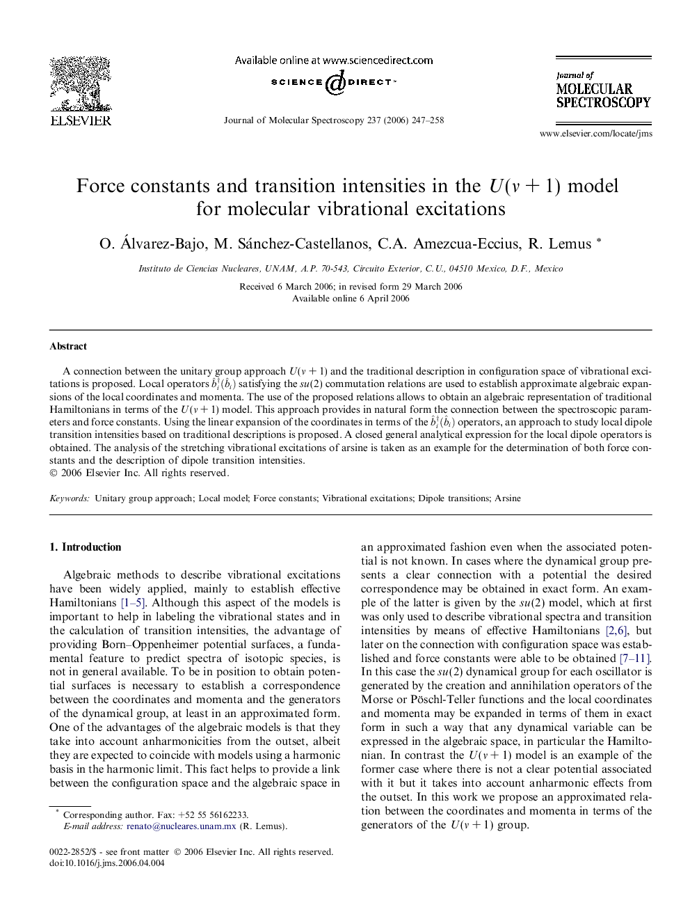 Force constants and transition intensities in the UÂ (Î½Â +Â 1) model for molecular vibrational excitations