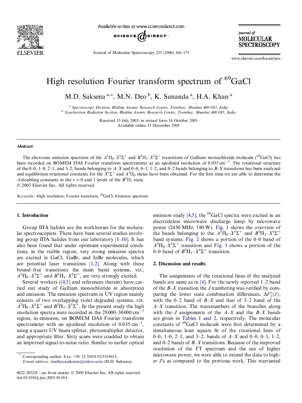 High resolution Fourier transform spectrum of 69GaCl