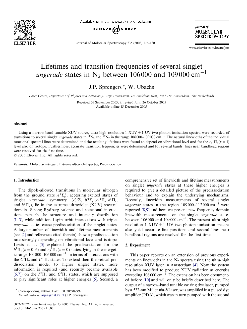 Lifetimes and transition frequencies of several singlet ungerade states in N2 between 106Â 000 and 109Â 000Â cmâ1