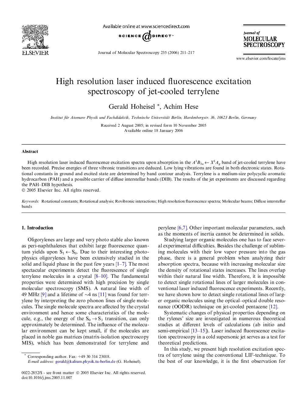 High resolution laser induced fluorescence excitation spectroscopy of jet-cooled terrylene