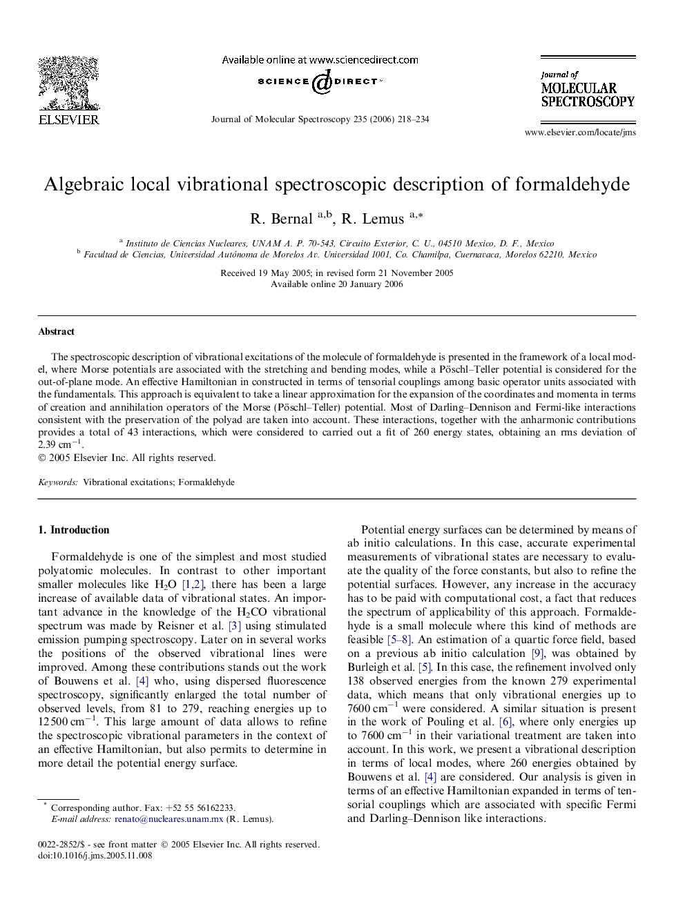 Algebraic local vibrational spectroscopic description of formaldehyde