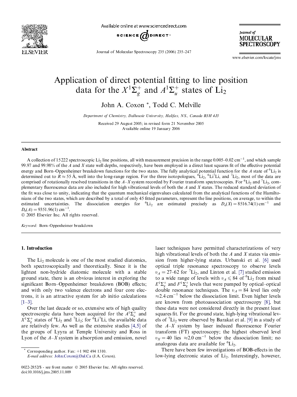 Application of direct potential fitting to line position data for the X1Î£g+ and A1Î£u+ states of Li2