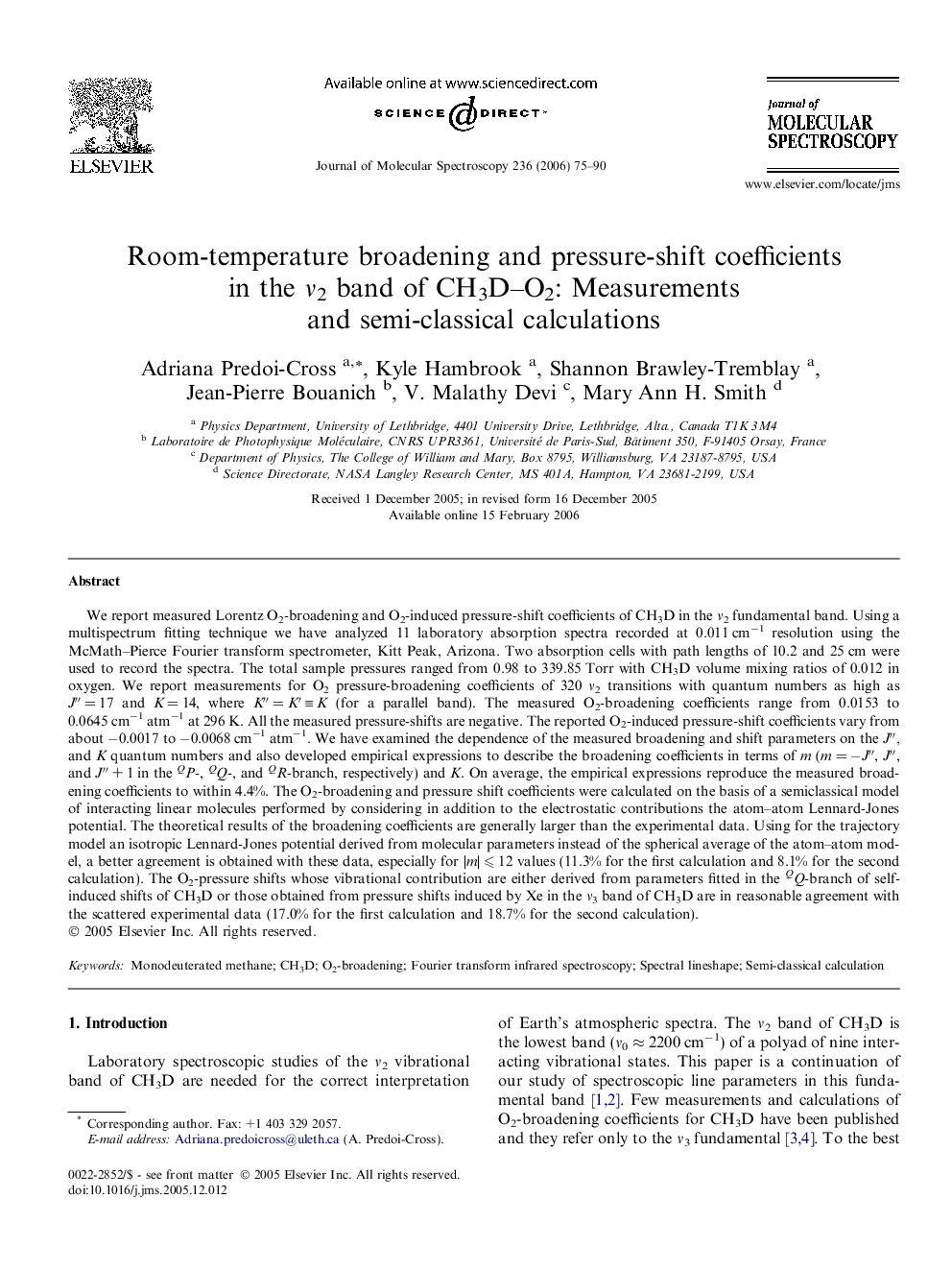 Room-temperature broadening and pressure-shift coefficients in the Î½2 band of CH3D-O2: Measurements and semi-classical calculations